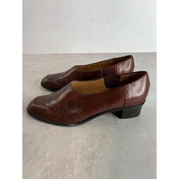 Vintage Unisa Brown Leather Brogue Slip-On Heels Classic Classy Capsule 80s 90s - Picture 6 of 11